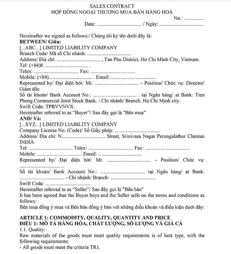 Mẫu hợp đồng ngoại thương mới nhất hiện nay