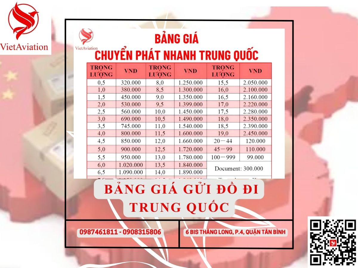 Bảng giá gửi đồ đi Trung Quốc