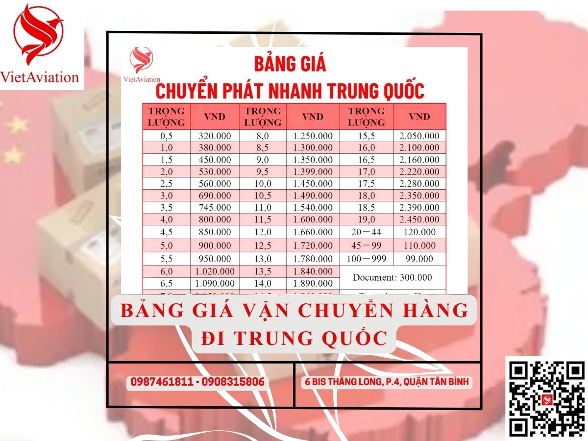 Bảng giá vận chuyển hàng đi Trung Quốc